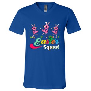 Easter Squad Three Cute Bunnies Flamingos Chocolate Eggs Funny Gift V-Neck T-Shirt