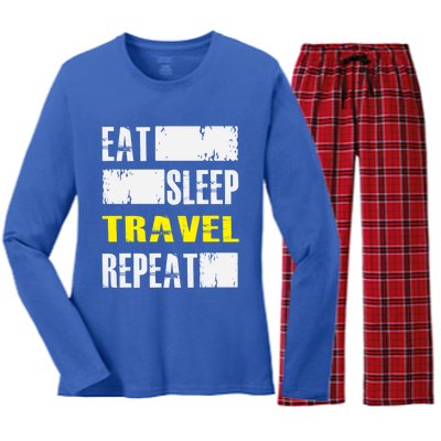 Eat Sleep Travel Repeat Gift Funny Traveler Meaningful Gift Women's Long Sleeve Flannel Pajama Set 