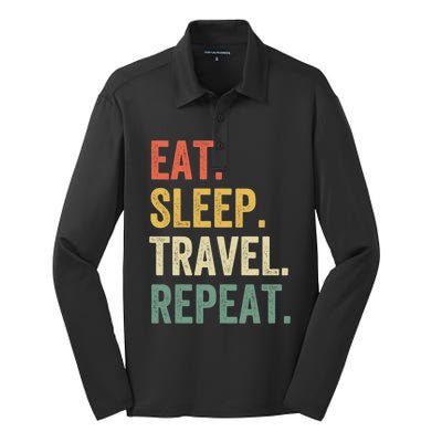 Eat Sleep Travel Repeat Funny Traveler Vintage Cool Gift Silk Touch Performance Long Sleeve Polo