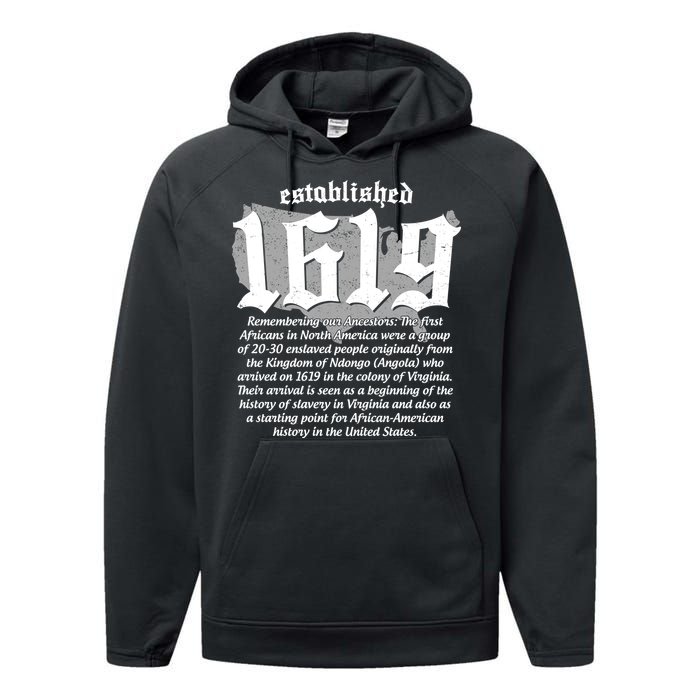 Established 1619 African American History US Map Performance Fleece Hoodie