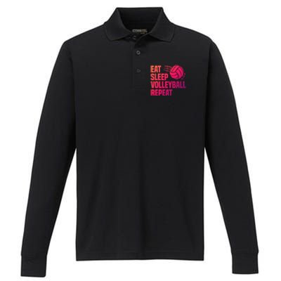 Eat Sleep Volleyball Repeat Cool Funny Team Coaches Quotes Gift Performance Long Sleeve Polo