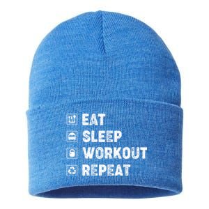 Eat Sleep Workout Repeat Funny Workout Gym Fitness Funny Gift Sustainable Knit Beanie