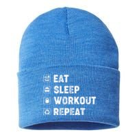 Eat Sleep Workout Repeat Funny Workout Gym Fitness Funny Gift Sustainable Knit Beanie