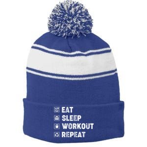 Eat Sleep Workout Repeat Funny Workout Gym Fitness Funny Gift Stripe Pom Pom Beanie