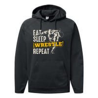 Eat Sleep Wrestle Repeat Funny Wrestling Gift Performance Fleece Hoodie