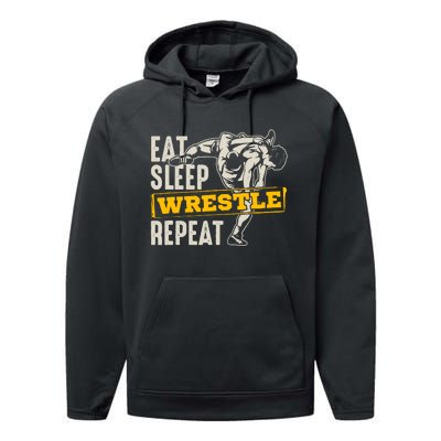 Eat Sleep Wrestle Repeat Funny Wrestling Gift Performance Fleece Hoodie