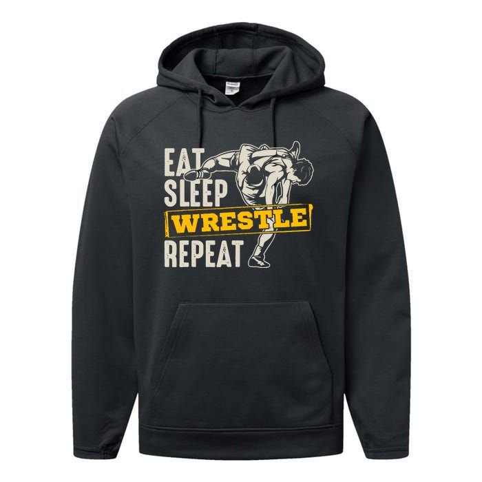 Eat Sleep Wrestle Repeat Funny Wrestling Gift Performance Fleece Hoodie