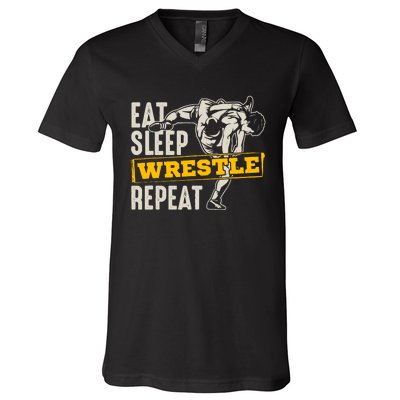 Eat Sleep Wrestle Repeat Funny Wrestling Gift V-Neck T-Shirt