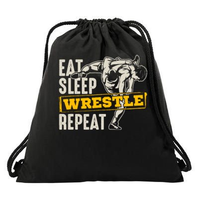 Eat Sleep Wrestle Repeat Funny Wrestling Gift Drawstring Bag