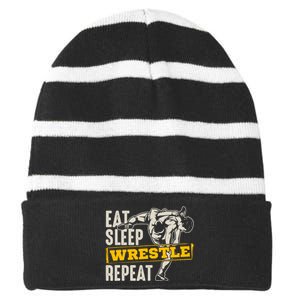 Eat Sleep Wrestle Repeat Funny Wrestling Gift Striped Beanie with Solid Band