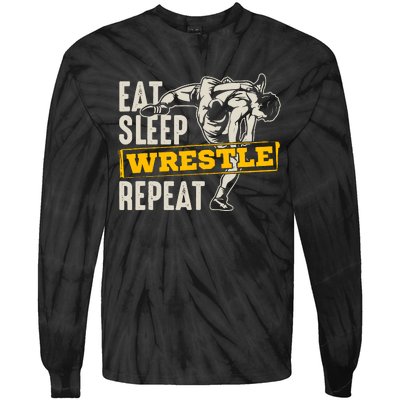 Eat Sleep Wrestle Repeat Funny Wrestling Gift Tie-Dye Long Sleeve Shirt