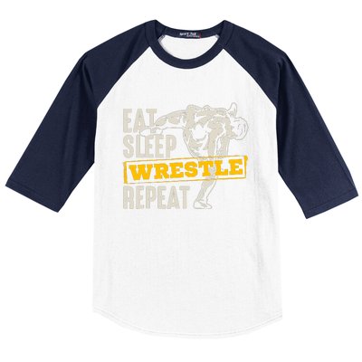 Eat Sleep Wrestle Repeat Funny Wrestling Gift Baseball Sleeve Shirt