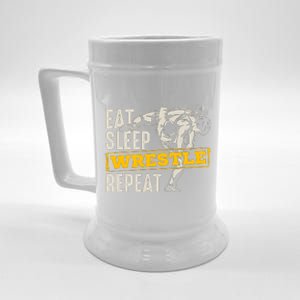 Eat Sleep Wrestle Repeat Funny Wrestling Gift Beer Stein