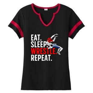 Eat Sleep Wrestle Repeat Ladies Halftime Notch Neck Tee