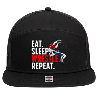 Eat Sleep Wrestle Repeat 7 Panel Mesh Trucker Snapback Hat