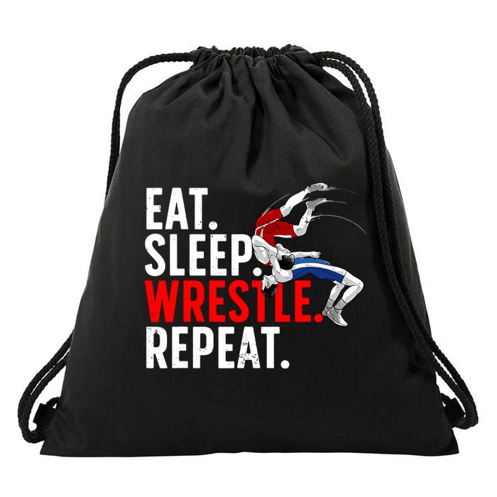 Eat Sleep Wrestle Repeat Drawstring Bag