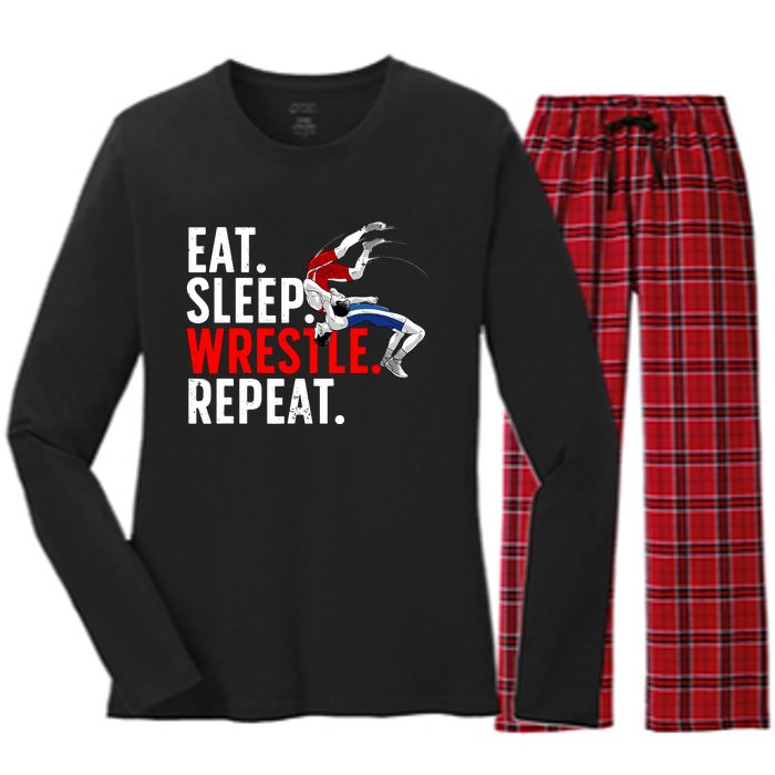 Eat Sleep Wrestle Repeat Women's Long Sleeve Flannel Pajama Set 