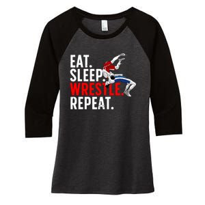 Eat Sleep Wrestle Repeat Women's Tri-Blend 3/4-Sleeve Raglan Shirt