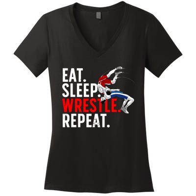 Eat Sleep Wrestle Repeat Women's V-Neck T-Shirt