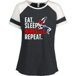 Eat Sleep Wrestle Repeat Enza Ladies Jersey Colorblock Tee