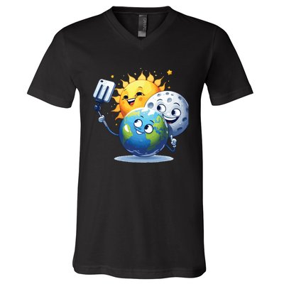 Earth Selfie With Moon And Sun V-Neck T-Shirt