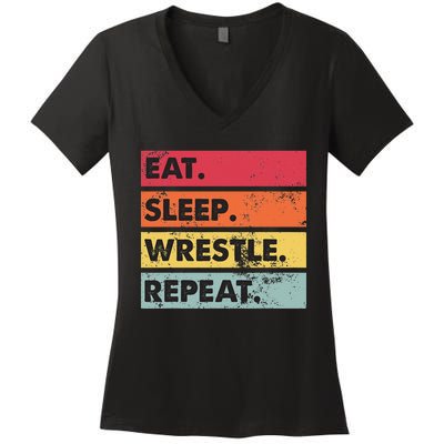 Eat Sleep Wrestle Repeat Funny Wrestling Wrestler  Women's V-Neck T-Shirt