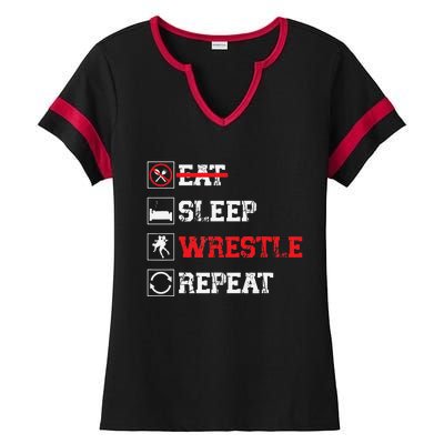 Eat Sleep Wrestle Repeat Funny Wrestling Wrestler  Ladies Halftime Notch Neck Tee