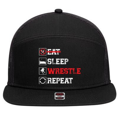 Eat Sleep Wrestle Repeat Funny Wrestling Wrestler  7 Panel Mesh Trucker Snapback Hat