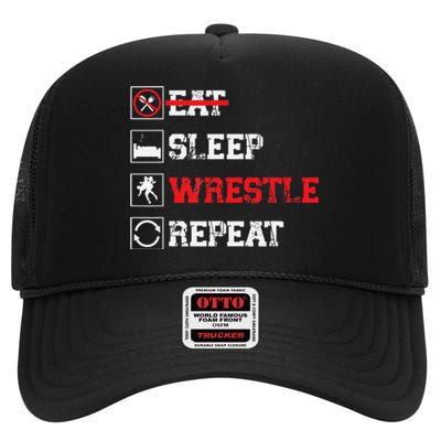 Eat Sleep Wrestle Repeat Funny Wrestling Wrestler  High Crown Mesh Back Trucker Hat