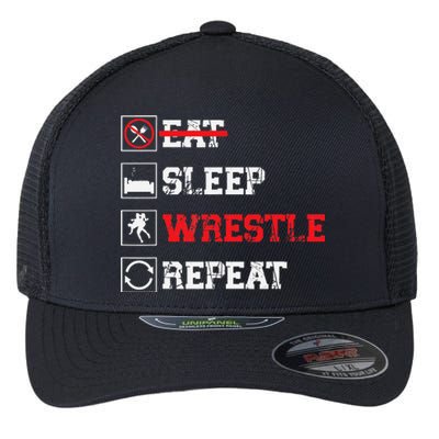 Eat Sleep Wrestle Repeat Funny Wrestling Wrestler  Flexfit Unipanel Trucker Cap