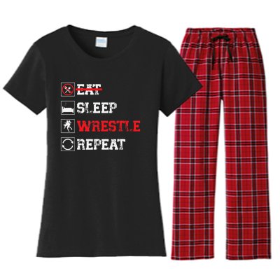 Eat Sleep Wrestle Repeat Funny Wrestling Wrestler  Women's Flannel Pajama Set