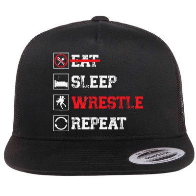 Eat Sleep Wrestle Repeat Funny Wrestling Wrestler  Flat Bill Trucker Hat