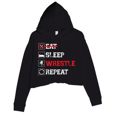 Eat Sleep Wrestle Repeat Funny Wrestling Wrestler  Crop Fleece Hoodie