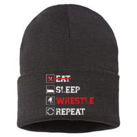 Eat Sleep Wrestle Repeat Funny Wrestling Wrestler  Sustainable Knit Beanie