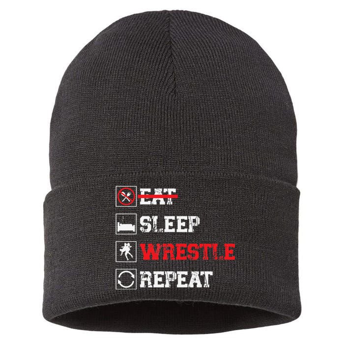 Eat Sleep Wrestle Repeat Funny Wrestling Wrestler  Sustainable Knit Beanie