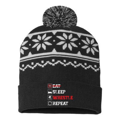 Eat Sleep Wrestle Repeat Funny Wrestling Wrestler  USA-Made Snowflake Beanie