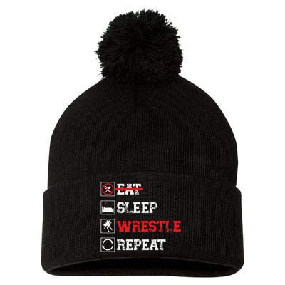 Eat Sleep Wrestle Repeat Funny Wrestling Wrestler  Pom Pom 12in Knit Beanie