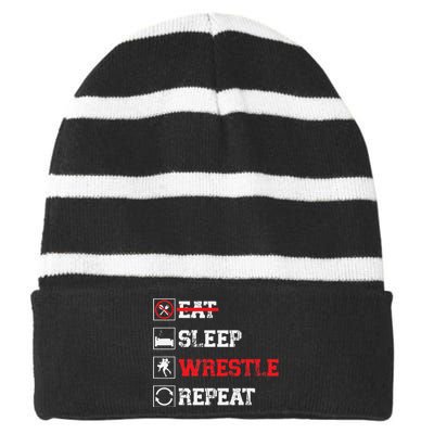 Eat Sleep Wrestle Repeat Funny Wrestling Wrestler  Striped Beanie with Solid Band