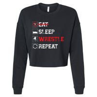 Eat Sleep Wrestle Repeat Funny Wrestling Wrestler  Cropped Pullover Crew