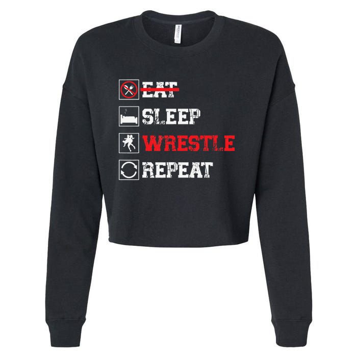 Eat Sleep Wrestle Repeat Funny Wrestling Wrestler  Cropped Pullover Crew