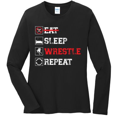 Eat Sleep Wrestle Repeat Funny Wrestling Wrestler  Ladies Long Sleeve Shirt