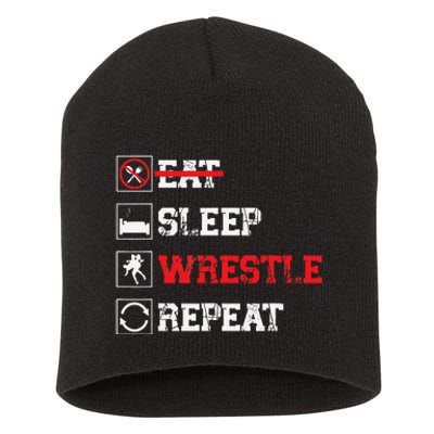 Eat Sleep Wrestle Repeat Funny Wrestling Wrestler  Short Acrylic Beanie