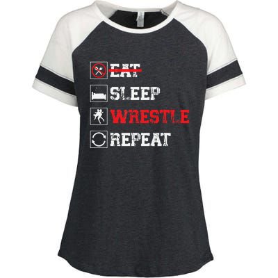 Eat Sleep Wrestle Repeat Funny Wrestling Wrestler  Enza Ladies Jersey Colorblock Tee