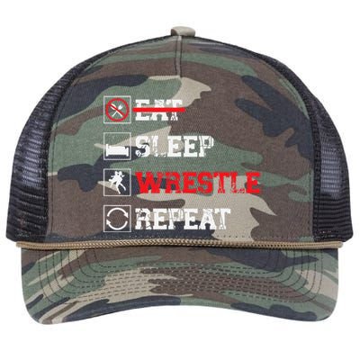 Eat Sleep Wrestle Repeat Funny Wrestling Wrestler  Retro Rope Trucker Hat Cap