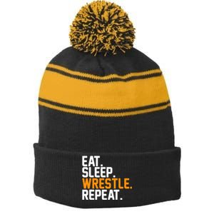 Eat Sleep Wrestle Repeat Wrestling Wrestler Funny Gift Stripe Pom Pom Beanie