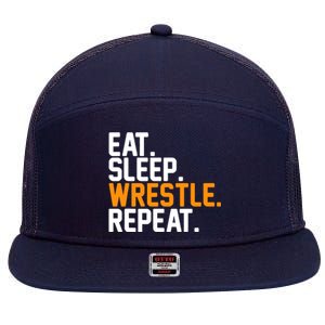 Eat Sleep Wrestle Repeat Wrestling Wrestler Funny Gift 7 Panel Mesh Trucker Snapback Hat