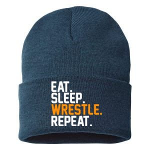 Eat Sleep Wrestle Repeat Wrestling Wrestler Funny Gift Sustainable Knit Beanie