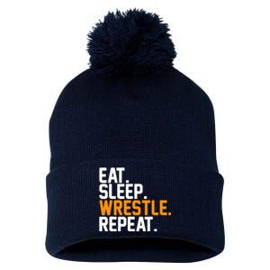 Eat Sleep Wrestle Repeat Wrestling Wrestler Funny Gift Pom Pom 12in Knit Beanie