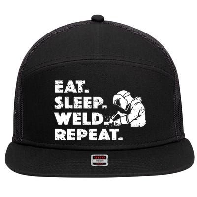 Eat Sleep Weld Repeat Funny Welder 7 Panel Mesh Trucker Snapback Hat