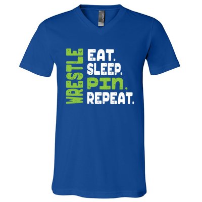 Eat Sleep Wrestle Repeat Wrestling Warm Up Gift V-Neck T-Shirt